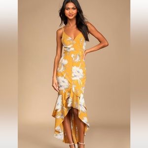 Lulus darling daylily mustard yellow floral print, high low maxi dress